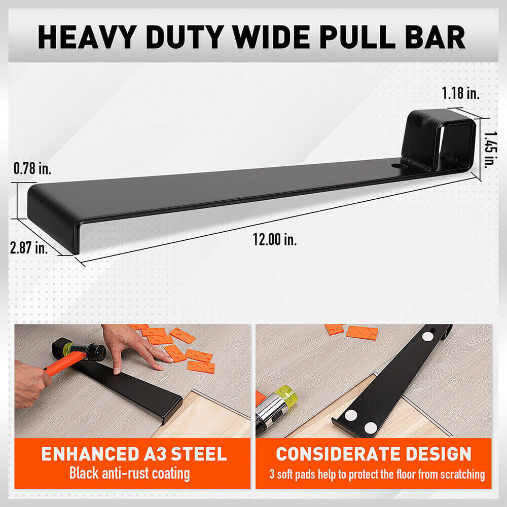 Heavy duty wide pull bar made of A3 steel with anti-rust coating; ideal for DIY laminate flooring projects.