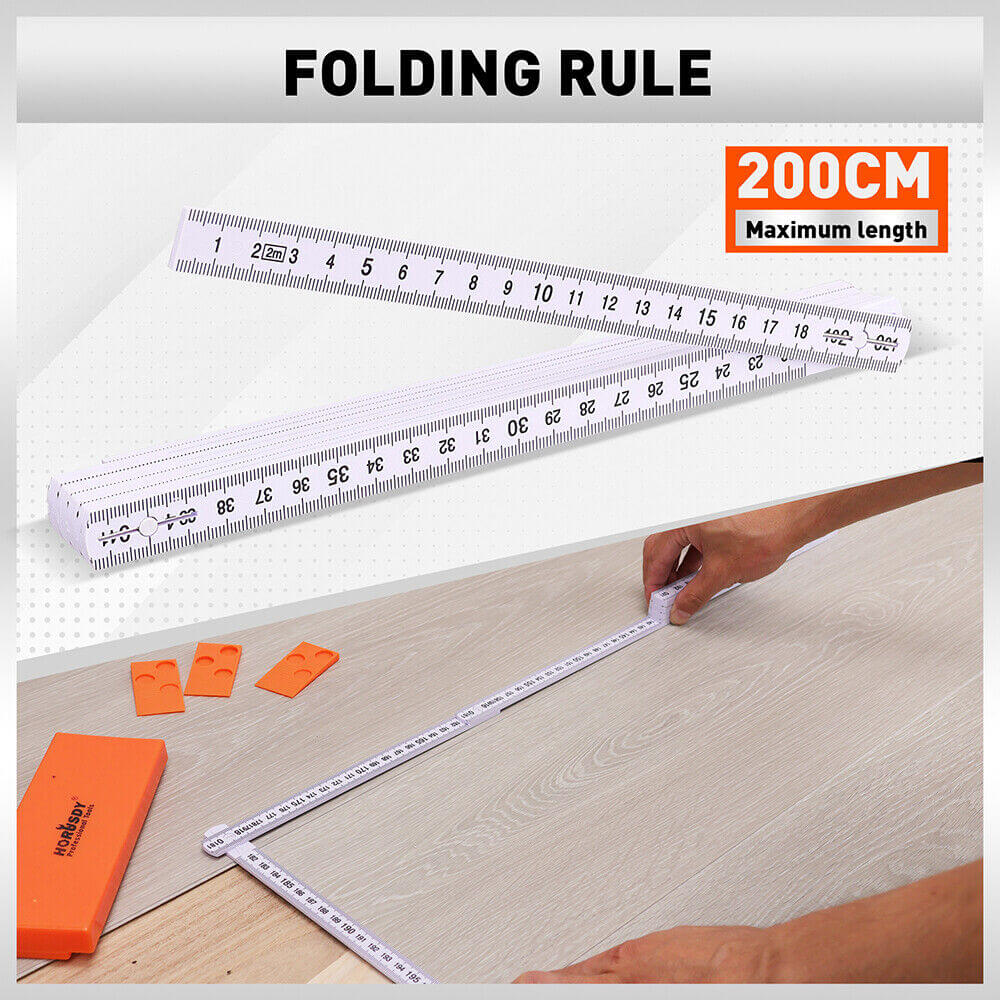 Folding rule measuring tool with 200cm maximum length, used for precise measurements in flooring installations.