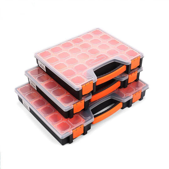 Stacked 22 compartments plastic tool organizer boxes in carry case, ideal for DIY storage solutions.