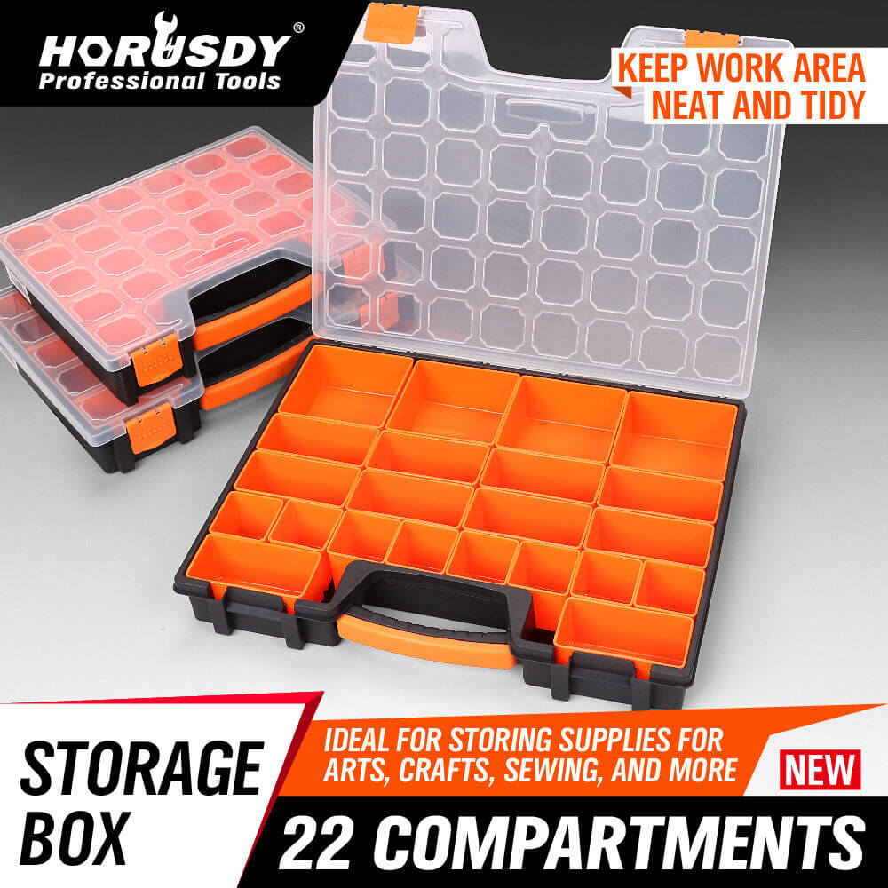 Affordable plastic storage box with 22 compartments for organizing arts, crafts, and DIY supplies.