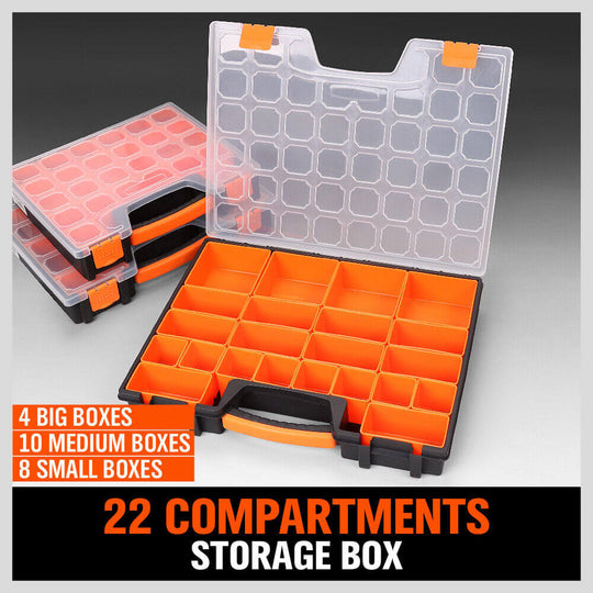 22 compartments plastic storage box organizer with 4 big, 10 medium, and 8 small bins for DIY projects and crafts.