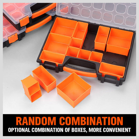 Parts storage box organizer with orange compartments and optional configurations for easy DIY storage.