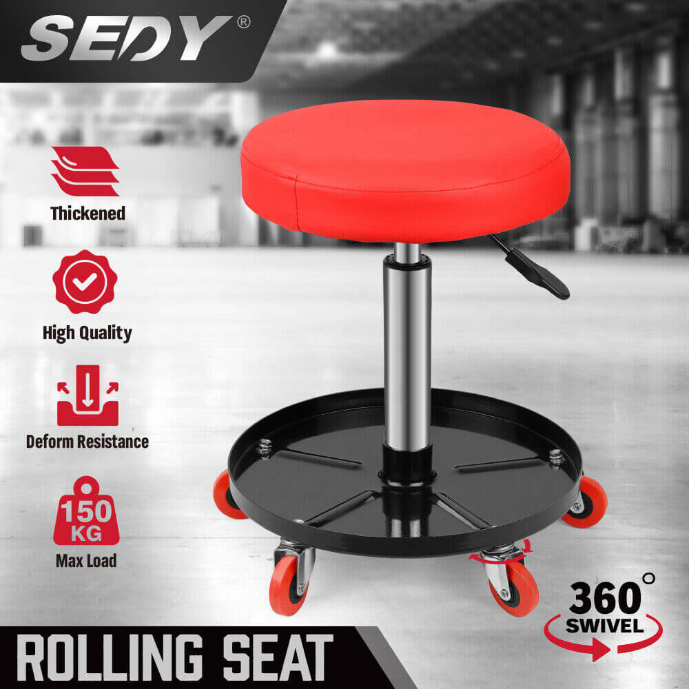 Affordable SEDY pneumatic rolling seat with cushioned red cover, 360° swivel, tool tray, and 150kg weight limit.