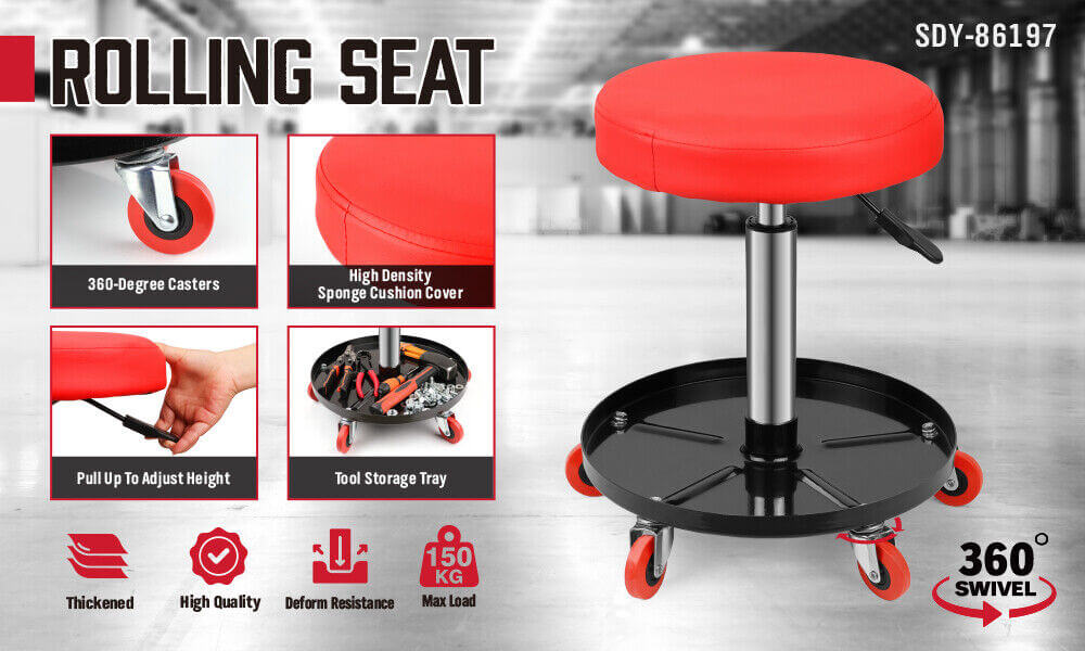 Affordable mechanic rolling stool with padded seat, tool tray, and 360-degree swivel for DIY projects.