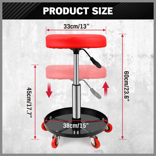 Dimensions of SEDY 150kg Load Pneumatic Roller Seat with tool tray, showing size stats in centimeters.