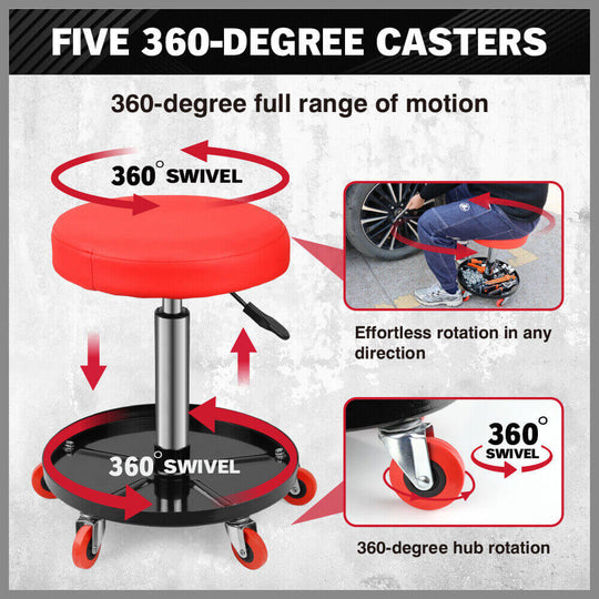 Affordable mechanic rolling stool with 360-degree swivel casters for easy mobility. Perfect for DIY projects and repairs.