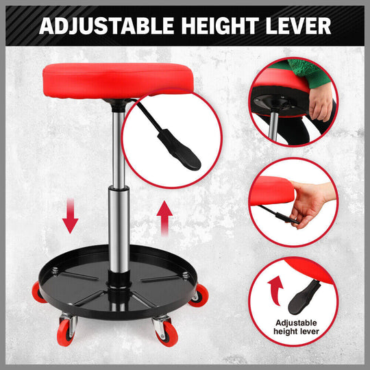 SEDY adjustable height lever mechanic rolling stool with red cushioned seat and tool tray, perfect for affordable DIY projects.