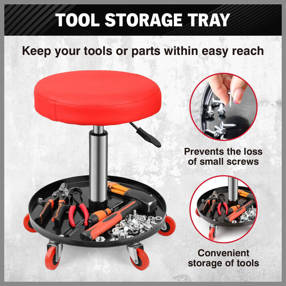 Pneumatic roller seat with tool tray, red cushioned seat, easy tool access, ideal for DIY and professional mechanics.