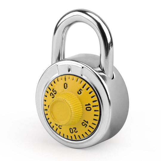 Affordable lock dial combination lock for gym, school, or toolbox use, featuring a durable yellow turnplate.