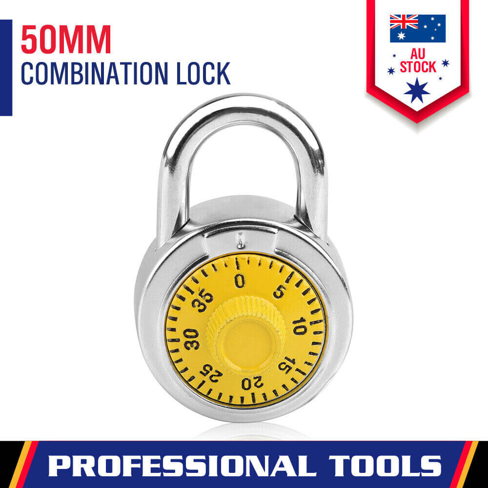 50mm combination lock with yellow turnplate for gym, school, and toolbox use, showcasing affordability and quality.