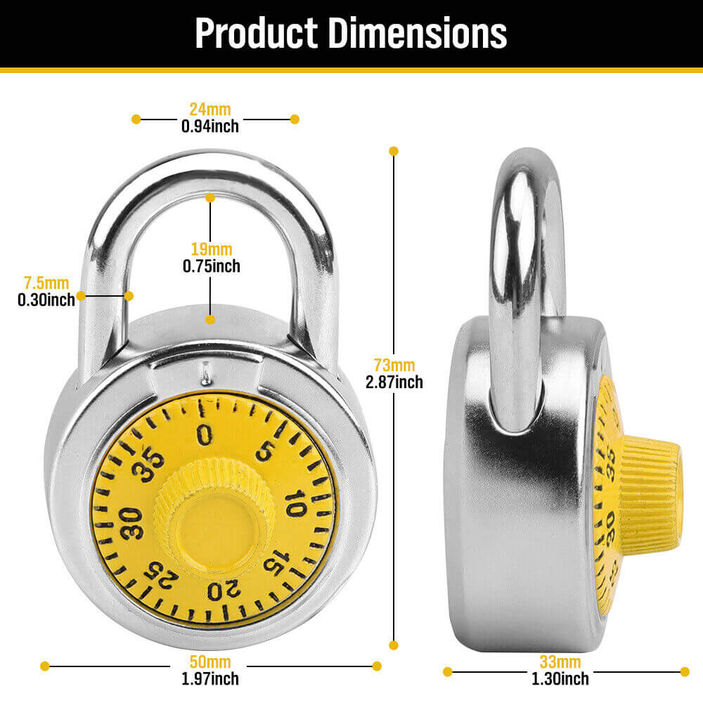 Product dimensions of a yellow dial combination lock suitable for school lockers and gym usage, showcasing size details.