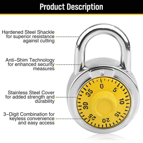 Close-up of a 3-digit combination lock with a hardened steel shackle for gym and school locker security.