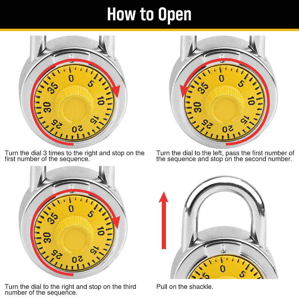 Step-by-step guide on opening a three-digit combination lock with yellow dial and silver shackle.