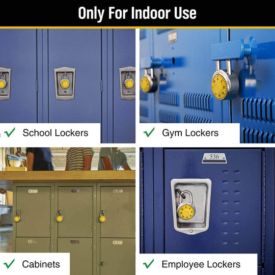 Indoor combination locks on various lockers: school, gym, cabinets, and employee lockers, highlighting security and quality.