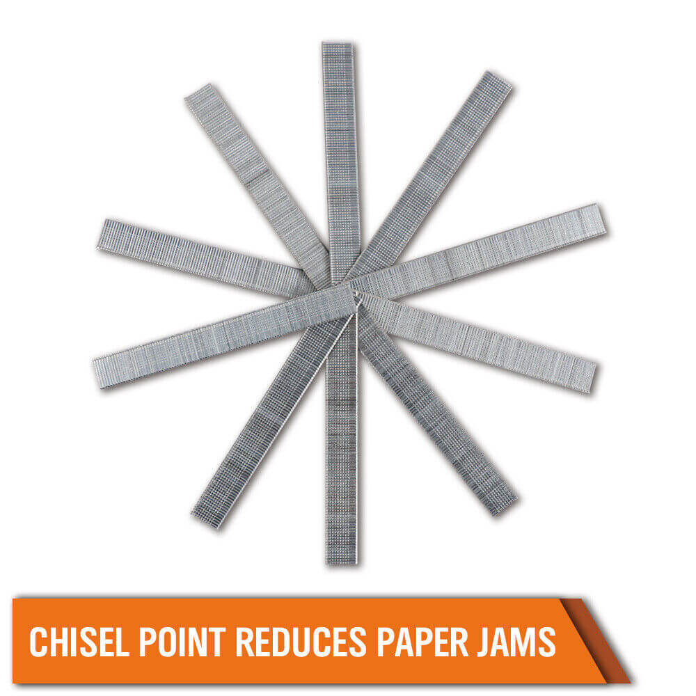 Chisel point fasteners arranged in a star pattern, designed to reduce paper jams for efficient stapling.