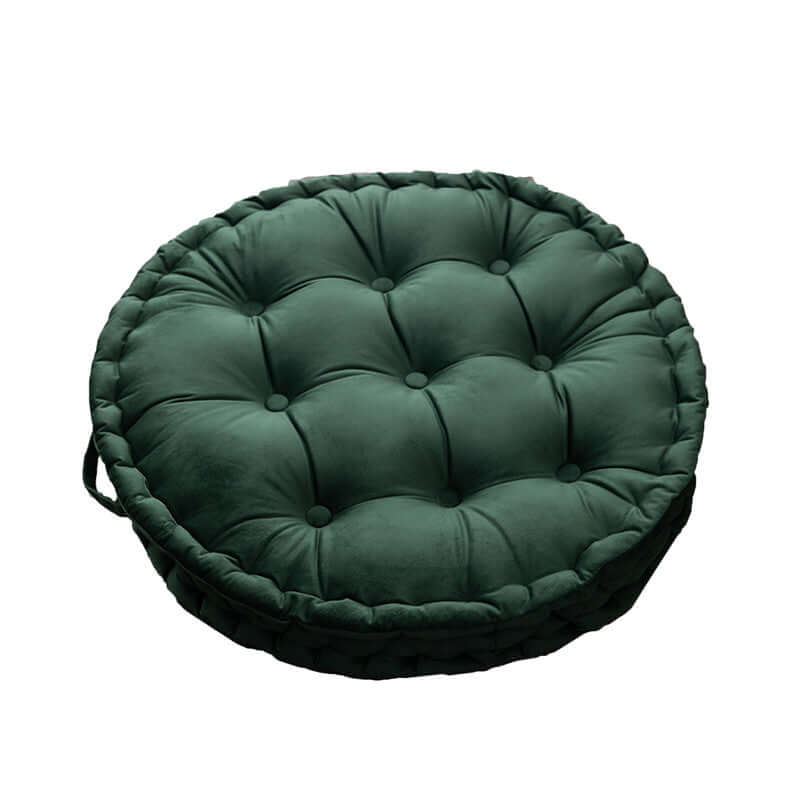 Luxury round tatami cushion in deep green, perfect for meditation and stylish home decor, machine washable.