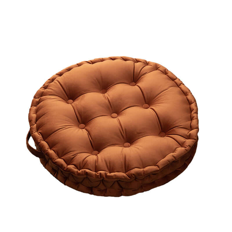 Luxury round tatami cushion in warm brown, ideal for meditation and comfort. Affordable, quality home decor.