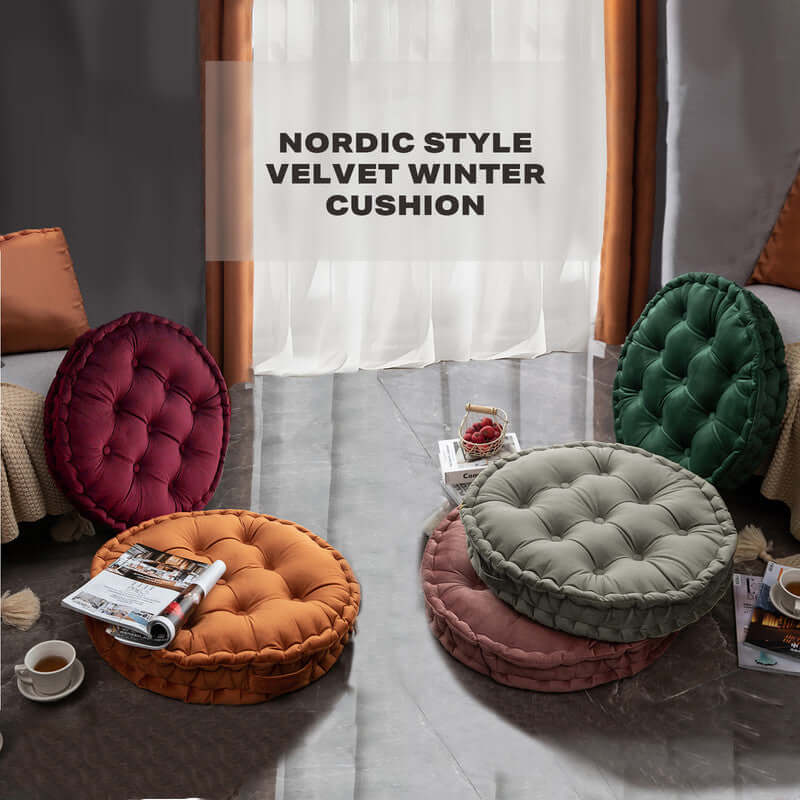 Nordic style velvet winter cushion set, featuring colorful round cushions on a cozy indoor floor.