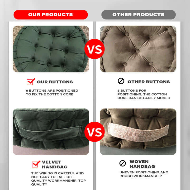 Comparison of our luxury round pouf cushion features vs. other products highlighting quality craftsmanship and design.