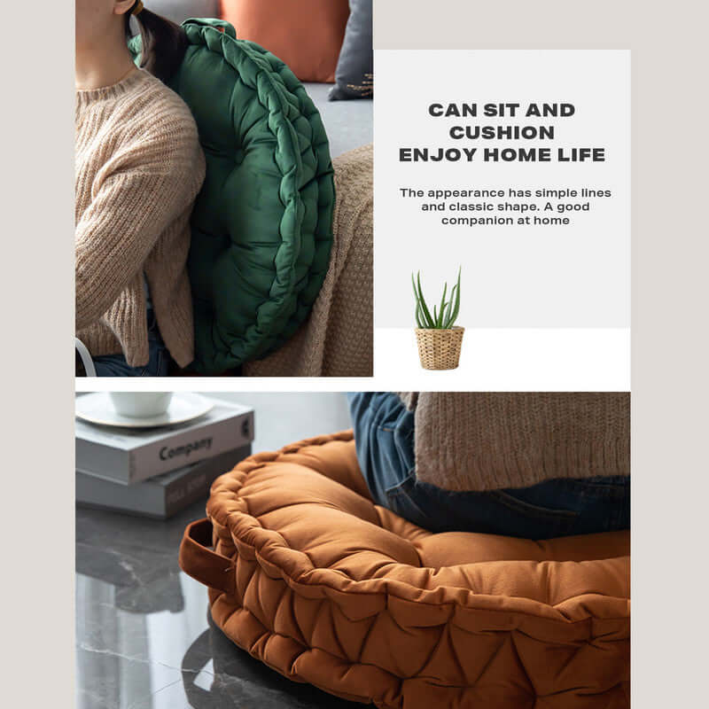 Comfortable Tatami cushions in green and orange for home relaxation, perfect for enhancing any space.