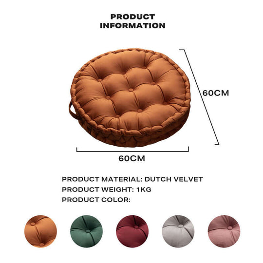 Luxury round pouf cushion in Dutch velvet, 60cm size, available in multiple colors, ideal for affordable home decor.