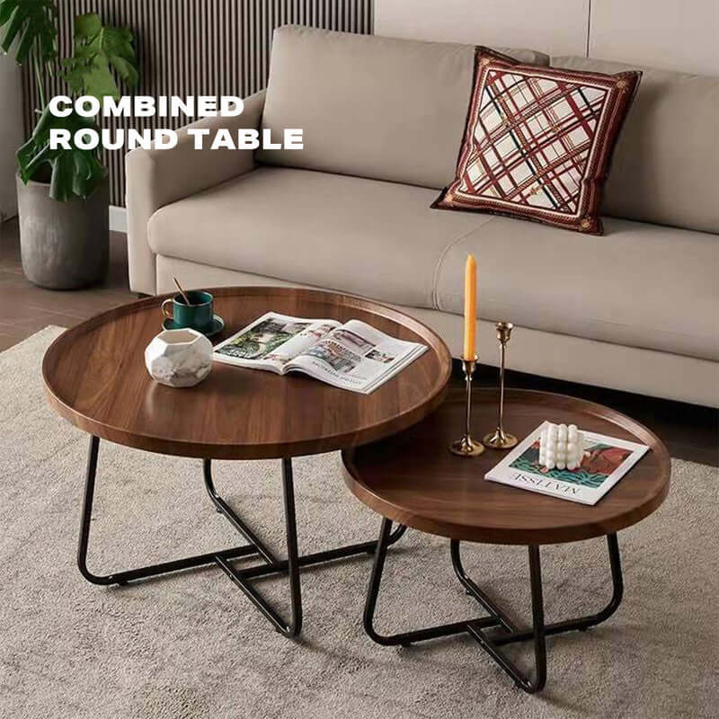 Removable set of 2 round walnut coffee tables with industrial metal legs, stacked in a stylish living room, showcasing value and quality furniture.