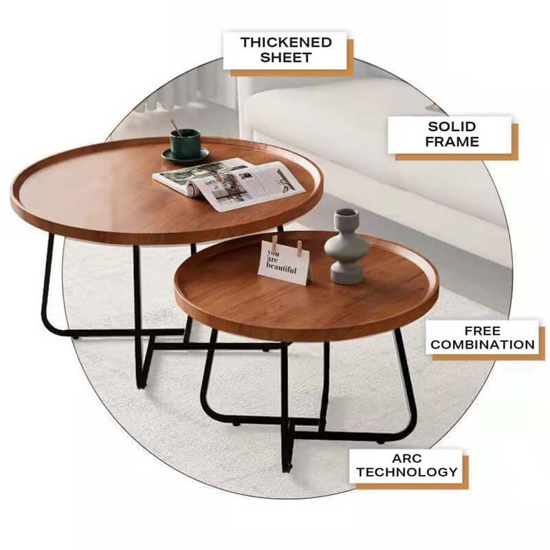 Removable set of 2 round walnut coffee tables with solid metal frame and arc technology, showcasing thickened sheet and free combination.