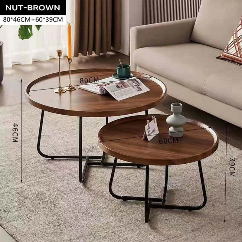 Removable set of 2 round coffee tables in walnut finish with metal legs, featuring large and small nesting tables, perfect for value furniture.