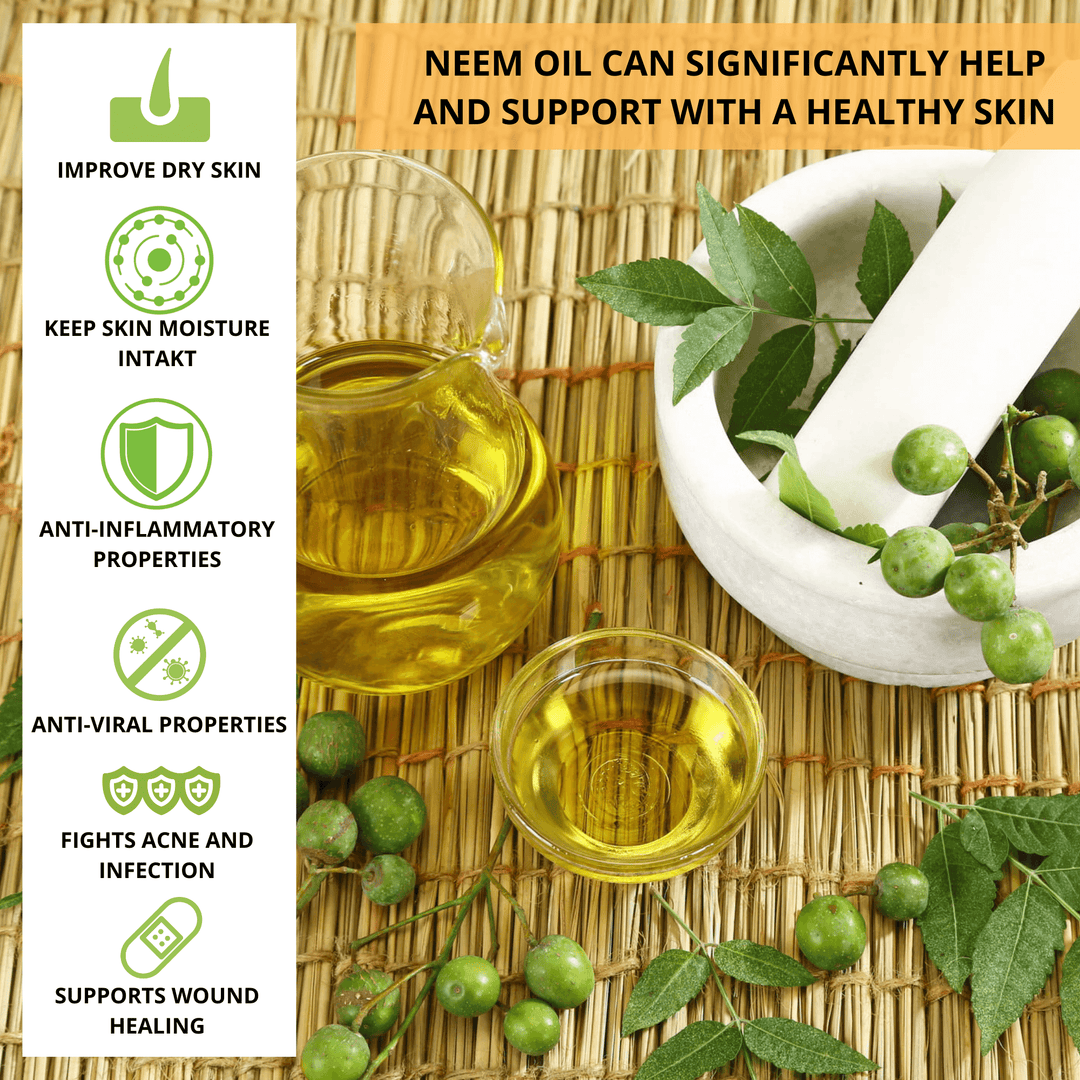 Organic neem seed oil in glass containers, promoting skin health with anti-inflammatory and moisturizing benefits.