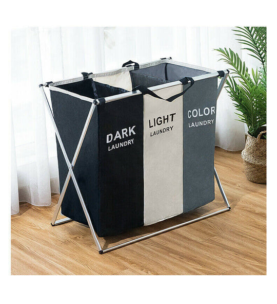 Foldable laundry basket with three grids for dark, light, and color clothes, made of durable oxford cloth and aluminum frame.