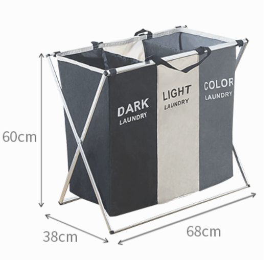 Foldable storage laundry basket with 3 grid sections for dark, light, and color clothes, made of durable materials, 68cm wide.