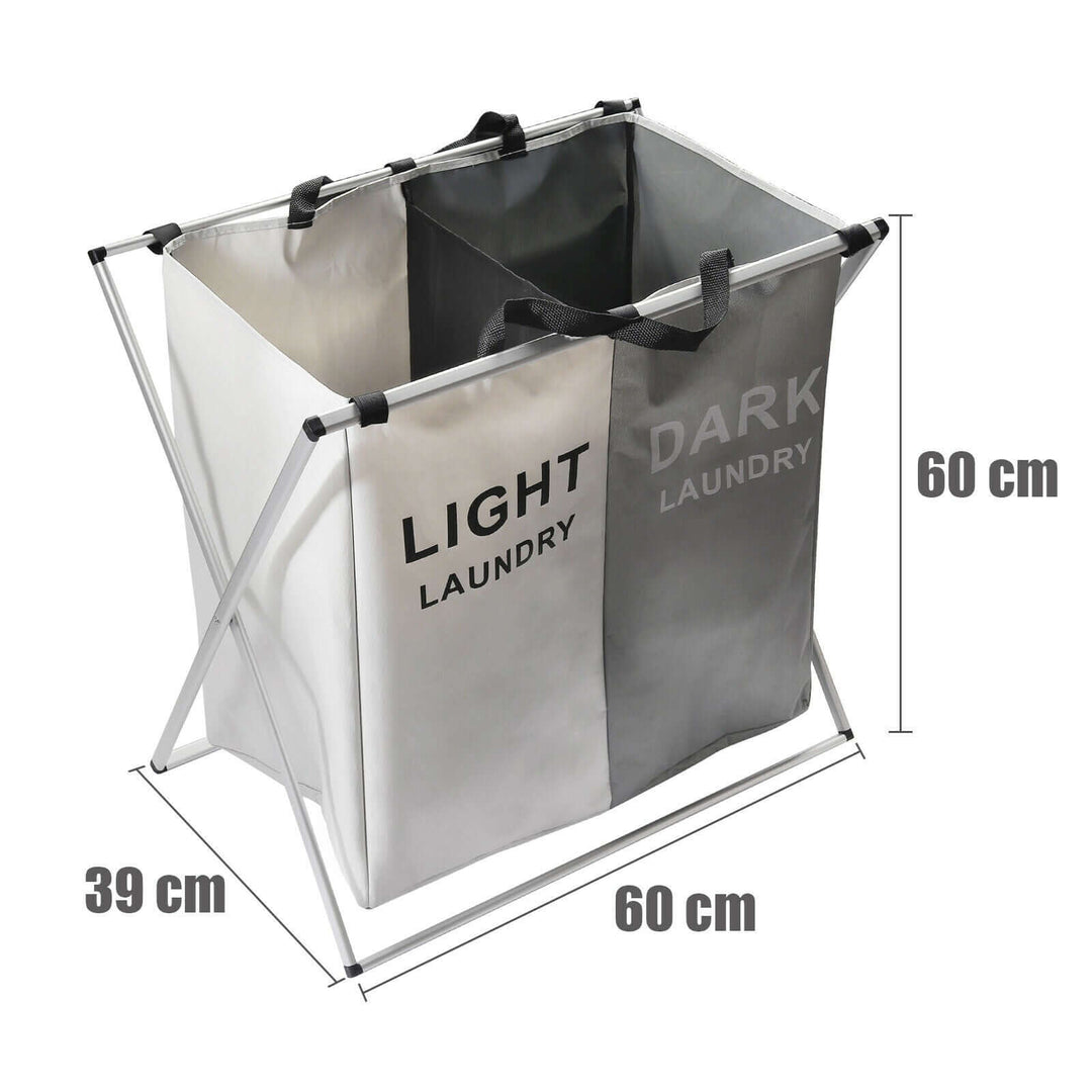 Foldable 3-grid laundry basket with light and dark compartments, measuring 60cm x 39cm, ideal for modern storage solutions.