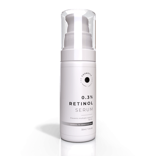 0.3% Retinol Serum in sleek bottle for youthful skin, affordable luxury for fine lines and pigmentation.