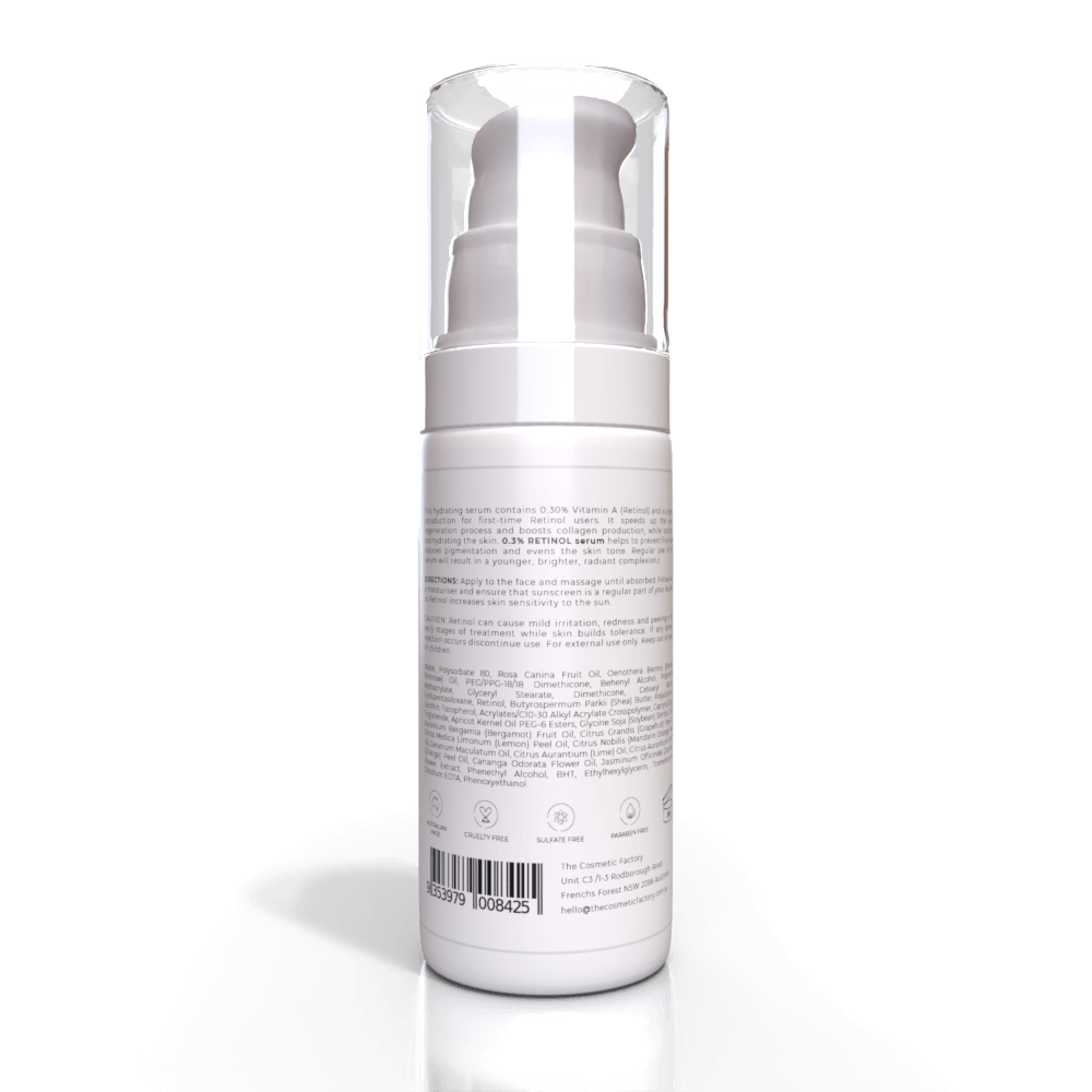 0.3% Retinol Serum 30ml bottle with clear pump for affordable, quality skincare, promoting youthfulness and radiant skin.