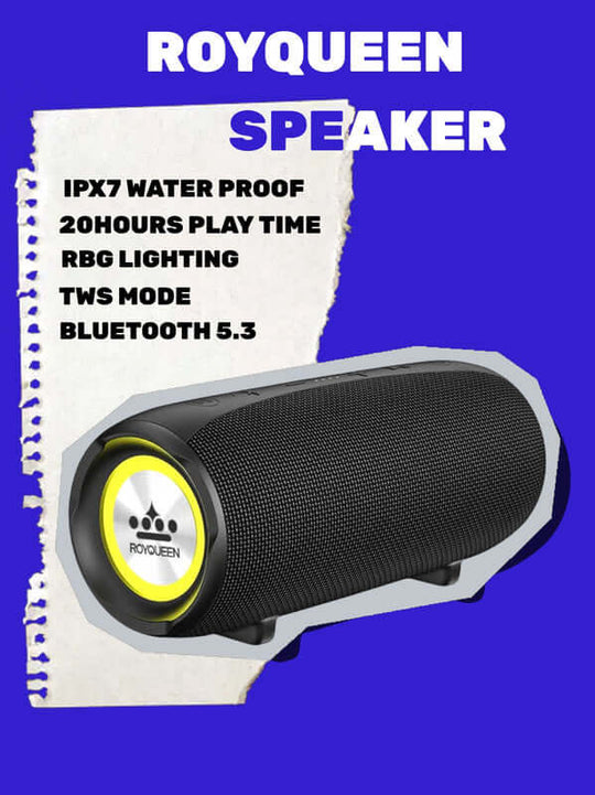 ROYQUEEN Bluetooth speaker showcasing IPX7 waterproof, 20 hours playtime, RGB lighting, TWS mode, and Bluetooth 5.3 technology.