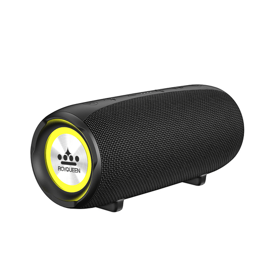 ROYQUEEN Bluetooth speaker featuring a portable design, powerful 30W sound, and vibrant RGB lighting for enhanced audio experiences.