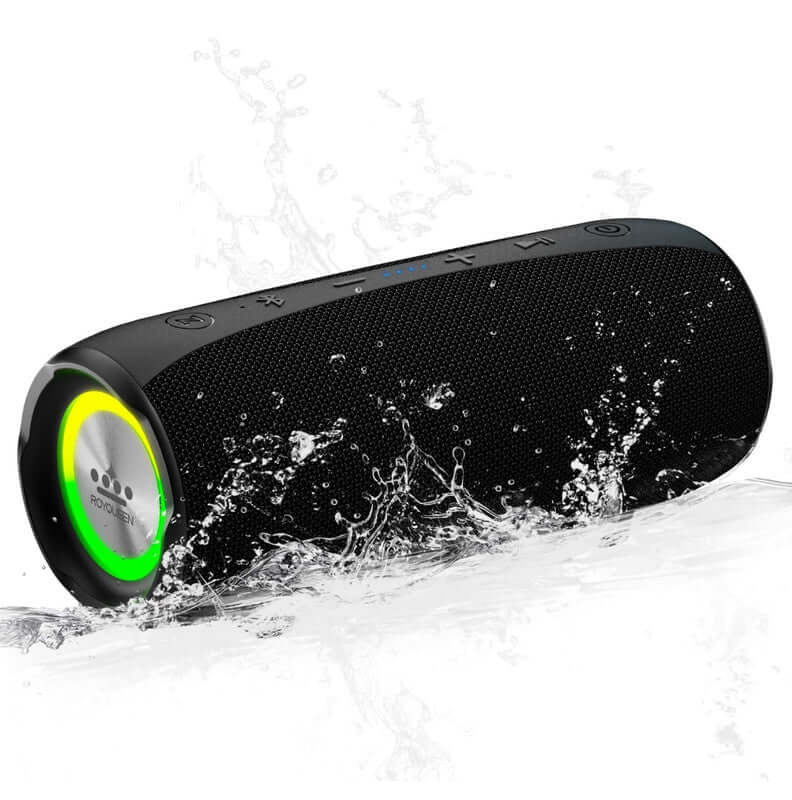 ROYQUEEN Bluetooth speaker with RGB light, showcasing waterproof design and powerful sound in a splash environment.