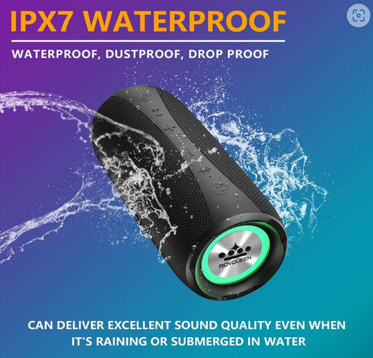 ROYQUEEN IPX7 waterproof Bluetooth speaker, dustproof and drop proof, delivering excellent sound quality in water.