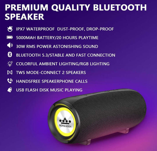 ROYQUEEN Bluetooth speaker showcasing features like IPX7 waterproof, 30W sound, and TWS dual pairing for quality audio experience.