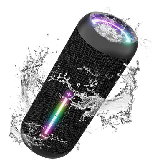 ROYQUEEN Bluetooth speaker in water, showcasing LED light and IPX7 waterproof feature for outdoor fun.