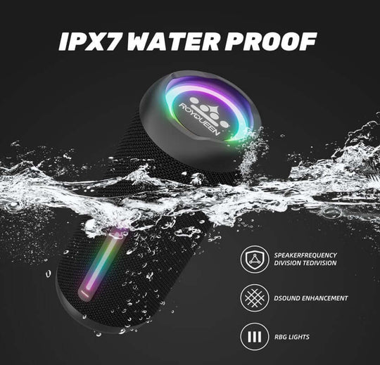 ROYQUEEN Bluetooth speaker with IPX7 waterproof feature and colorful LED lights, showcasing durability and sound enhancement.