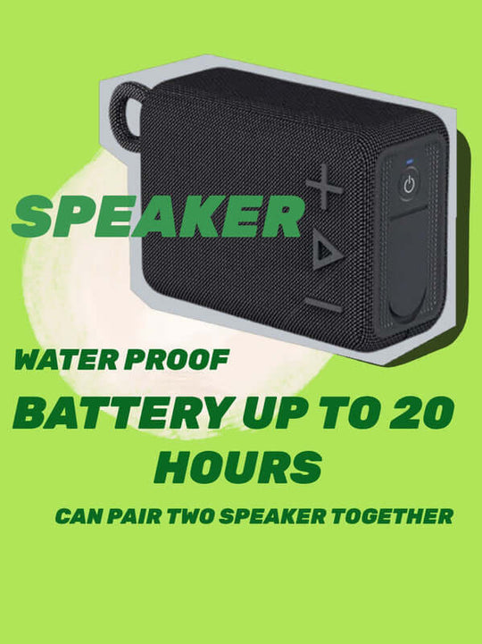 ROYQUEEN Bluetooth speaker highlighting waterproof design, 20-hour battery life, and ability to pair two speakers together.