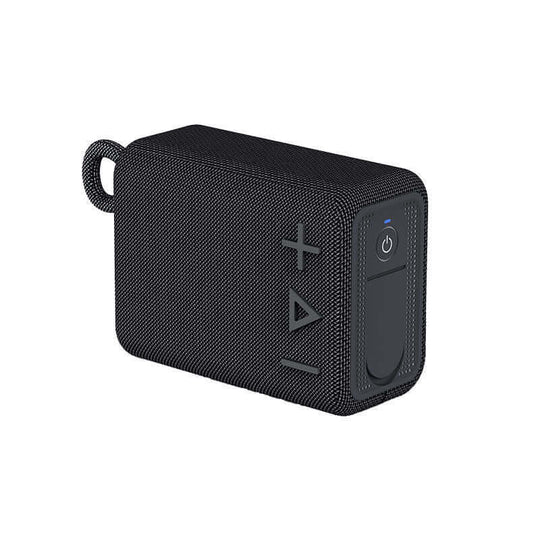 ROYQUEEN Bluetooth speaker in black, portable and waterproof design, ideal for outdoor activities and shower use.