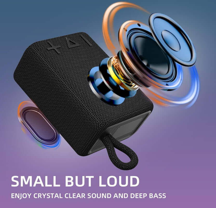 Portable ROYQUEEN Bluetooth speaker showcasing small size, deep bass, and crystal clear sound for outdoor and home use.