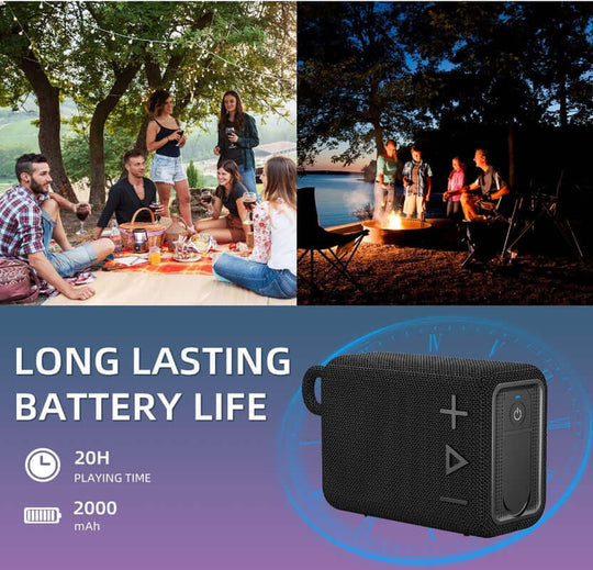 Affordable ROYQUEEN Bluetooth speaker showcasing long battery life and outdoor enjoyment in a camping setting.