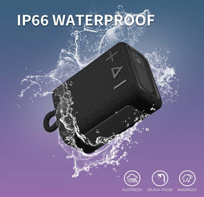 ROYQUEEN Bluetooth speaker showcasing IP66 waterproof design with splashes of water, ideal for outdoor use.