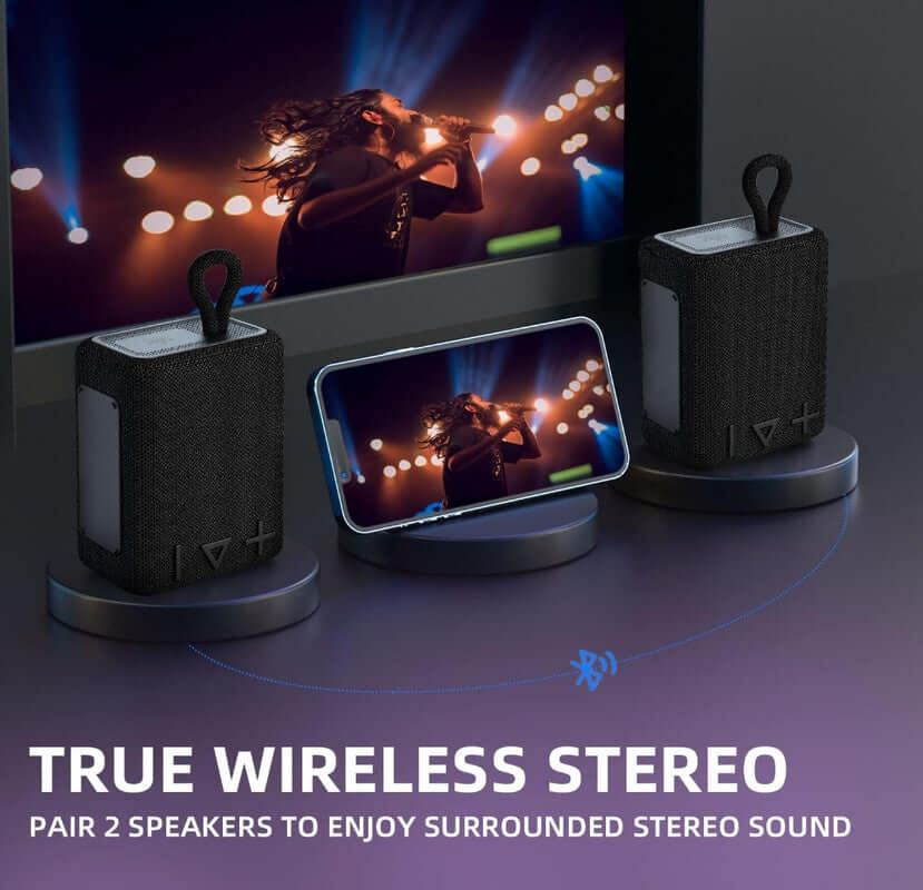 Two ROYQUEEN Bluetooth speakers paired for true wireless stereo sound, showcasing a vibrant music performance on a smartphone.