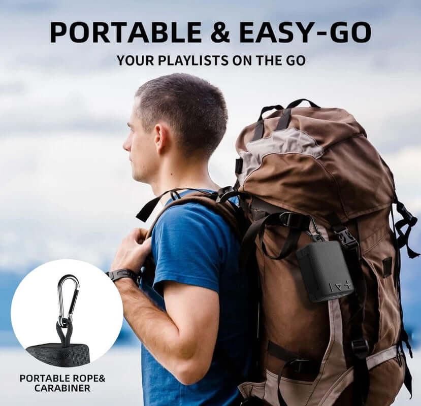 Portable ROYQUEEN Bluetooth speaker attached to a backpack with a carabiner, showcasing easy travel for music lovers.