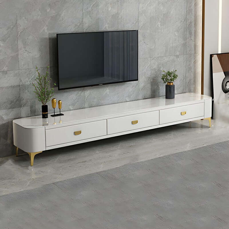 Affordable white sintered stone TV stand with three drawers, perfect for a glam living room setup.