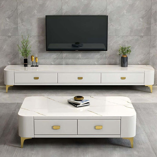 Affordable Chalk Sintered Stone TV Stand with drawers, stylish design for living room, white finish and gold accents.